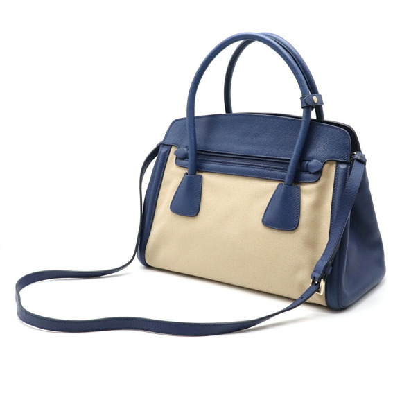 Prada Blue Tan Tote Bag Leather Canvas - Picture 1 of 8
